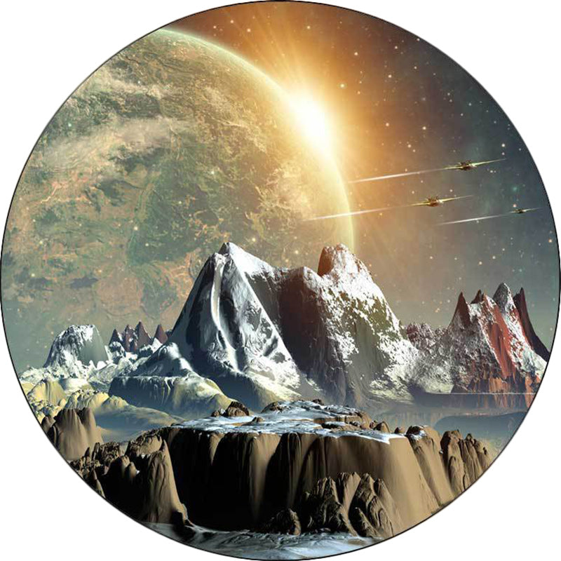 Modern living room rug in orange space planet mountain print rug polyester machine washable rug