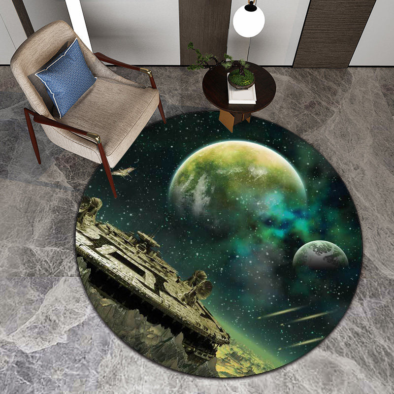 Green Bedroom Rug Modern Space Galaxy Spaceship Planet Pattern Rug Polyester Non-Slip Rug