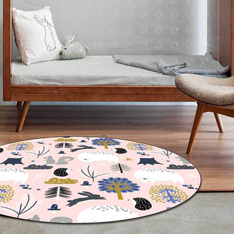 Children's room rug in Pink Animal Rabbit Hedgehog Bear Print Rug Polyester Non-slip Washable Rug Area