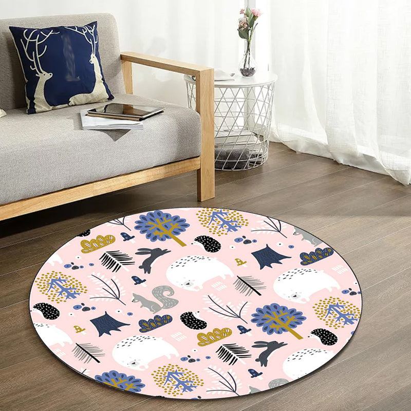 Children's room rug in Pink Animal Rabbit Hedgehog Bear Print Rug Polyester Non-slip Washable Rug Area
