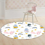 Children's bedroom rug in white animal rabbit hedgehog leaf print rug polyester machine washable pet-friendly area rug