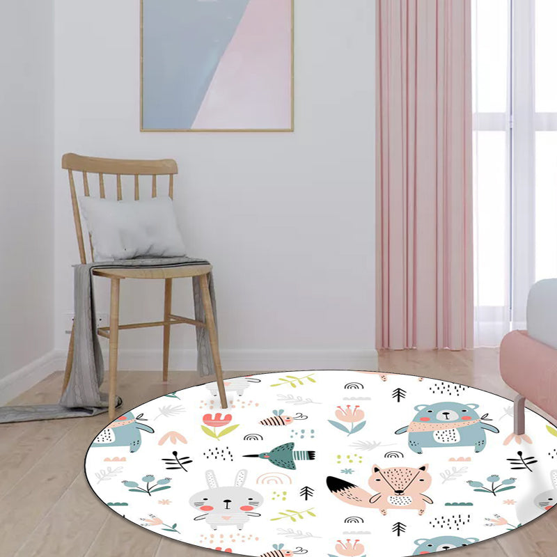 White Children's Bedroom Carpet Children Animal Rabbit Fox Bear Flower Pattern Area Rug Polyester Non-Slip Mat