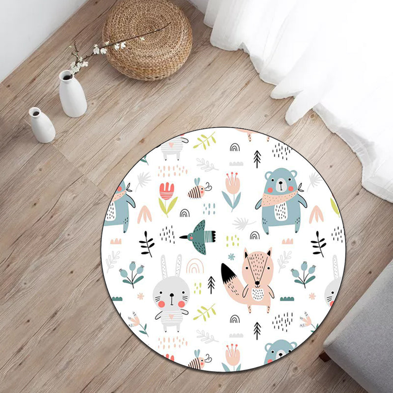 White Children's Bedroom Carpet Children Animal Rabbit Fox Bear Flower Pattern Area Rug Polyester Non-Slip Mat