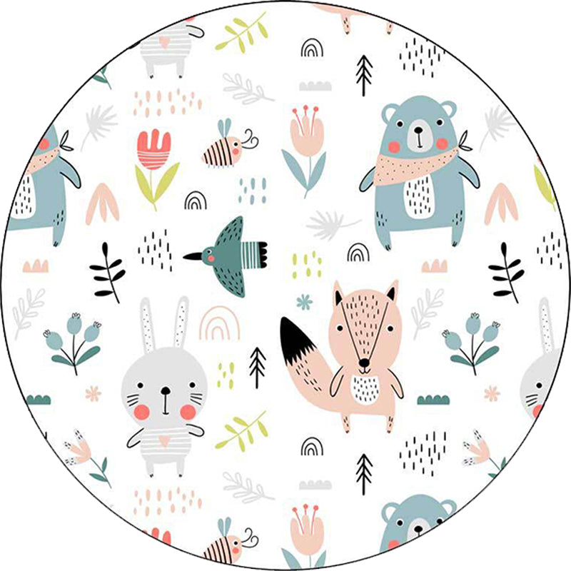 White Children's Bedroom Carpet Children Animal Rabbit Fox Bear Flower Pattern Area Rug Polyester Non-Slip Mat