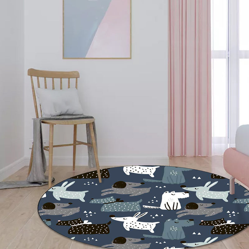Casual Kids Carpet in Blue Animal Rabbit Dog Pattern Carpet Polyester Stain Resistant Washable Carpet for the Children's Room