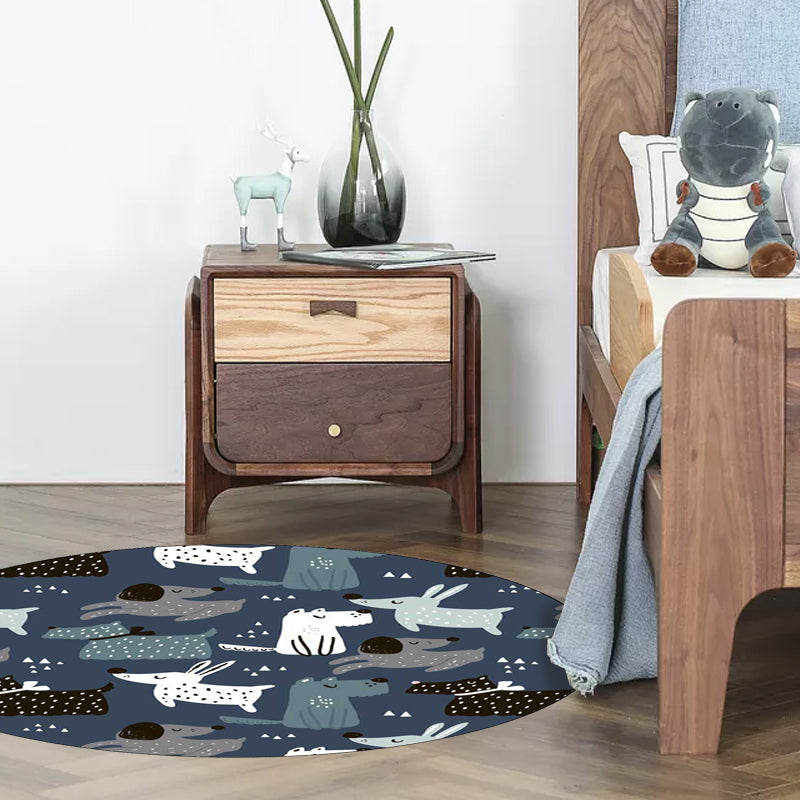 Casual Kids Carpet in Blue Animal Rabbit Dog Pattern Carpet Polyester Stain Resistant Washable Carpet for the Children's Room
