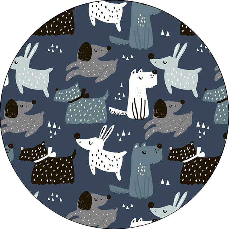 Casual Kids Carpet in Blue Animal Rabbit Dog Pattern Carpet Polyester Stain Resistant Washable Carpet for the Children's Room