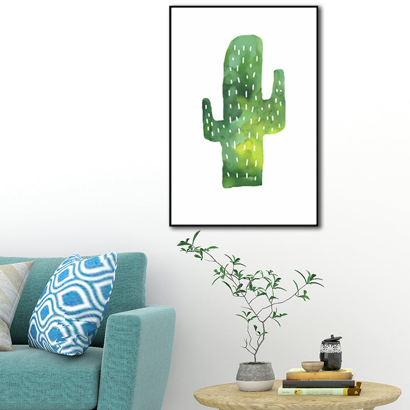 Tropical cactus painting art print living room canvas in green on white, texture