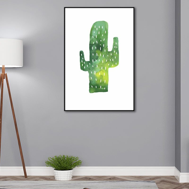 Tropical cactus painting art print living room canvas in green on white, texture