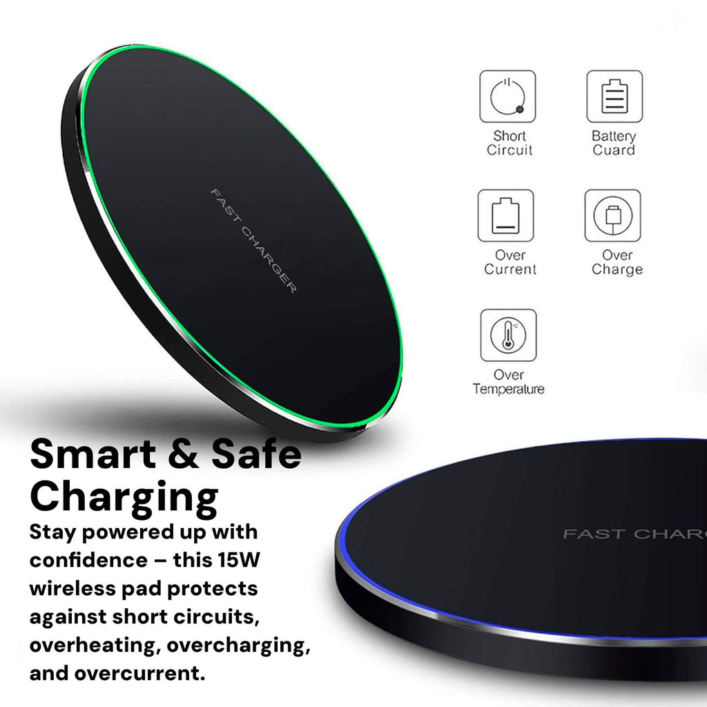15W Wireless Charging Pad for iPhone & Android – Fast Wireless Charger Base with Sleek Design for Home & Office | Apple & Samsung Compatible