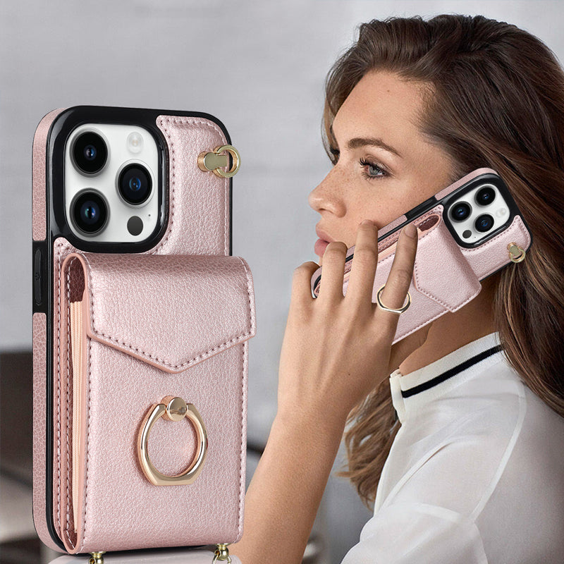 Leather Wallet Case with Ring & Lanyard for iPhone