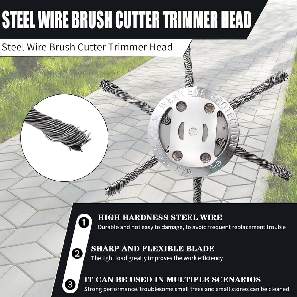 15 cm steel brush trimmer head – Safe for concrete & stone surfaces suitable