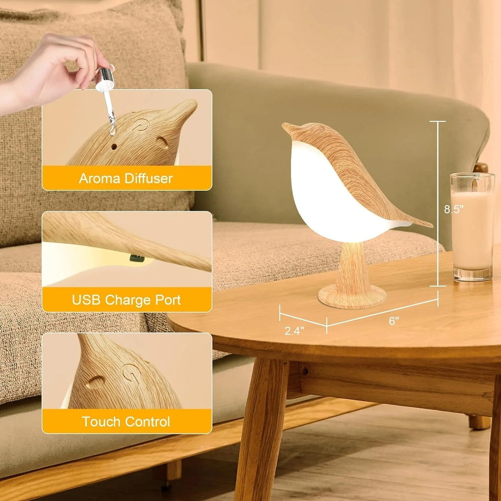 Touch-Control Wooden Bird Night Light - Rechargeable LED Bedside Lamp