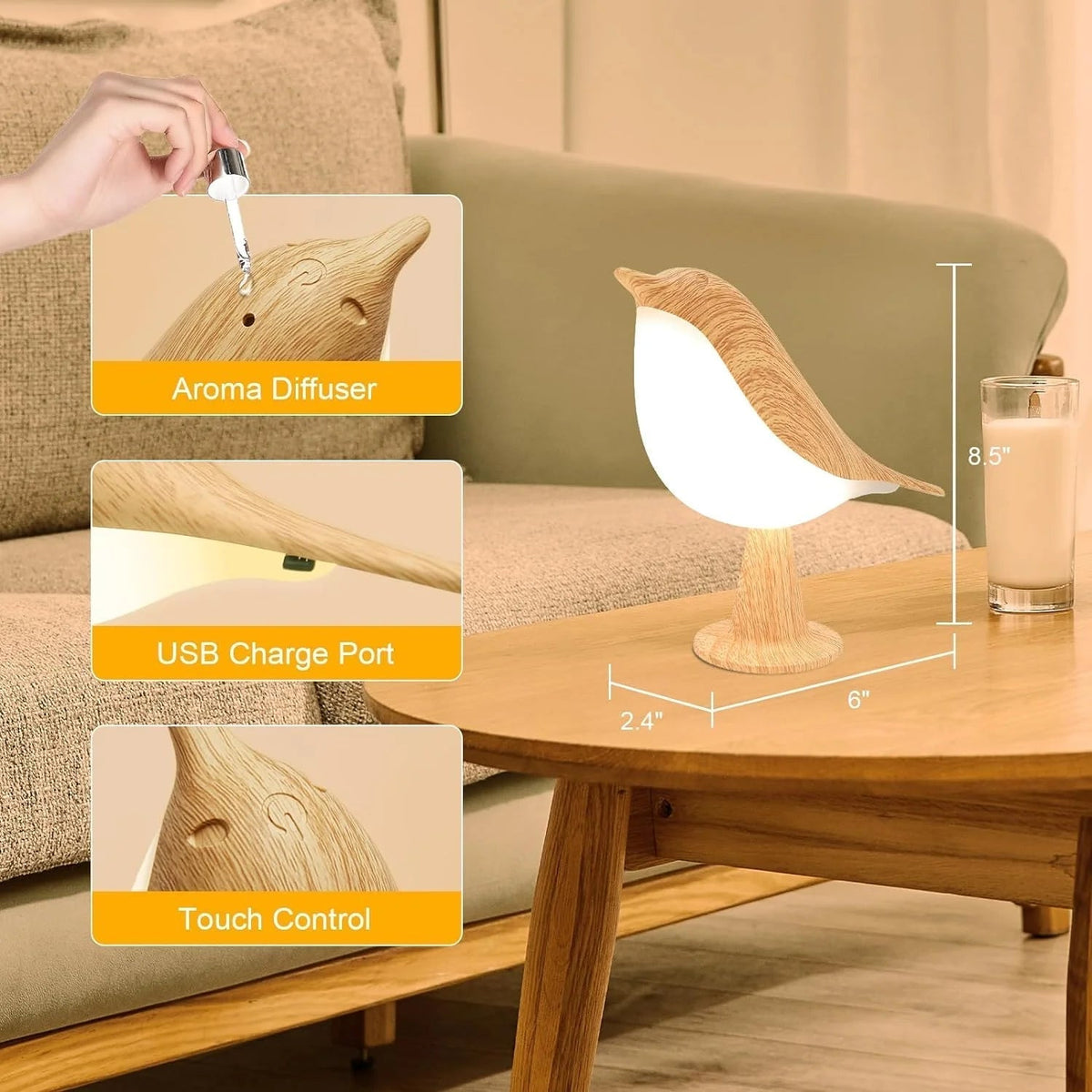 Touch-Control Wooden Bird Night Light - Rechargeable LED Bedside Lamp