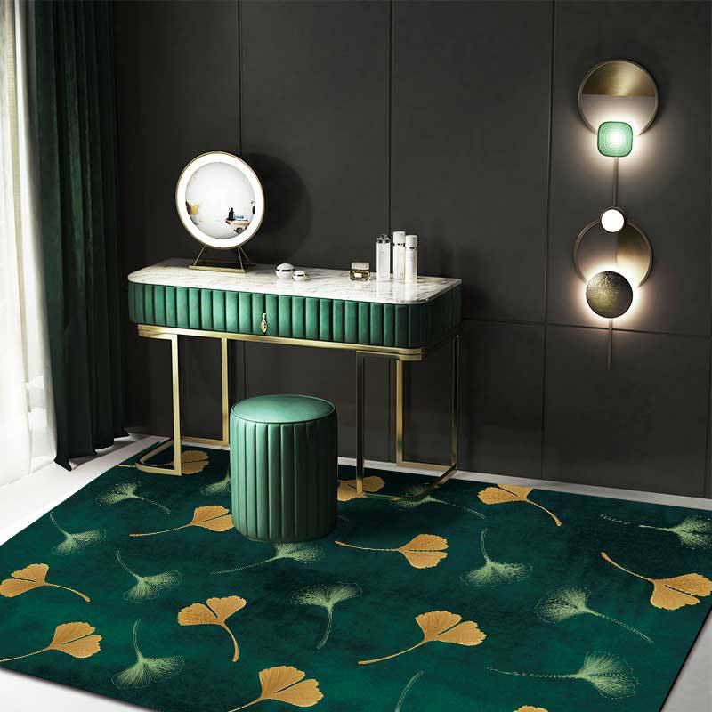 Casual apricot leaf patterned rug Green Polyester rug Machine washable Non-slip rug for the living room