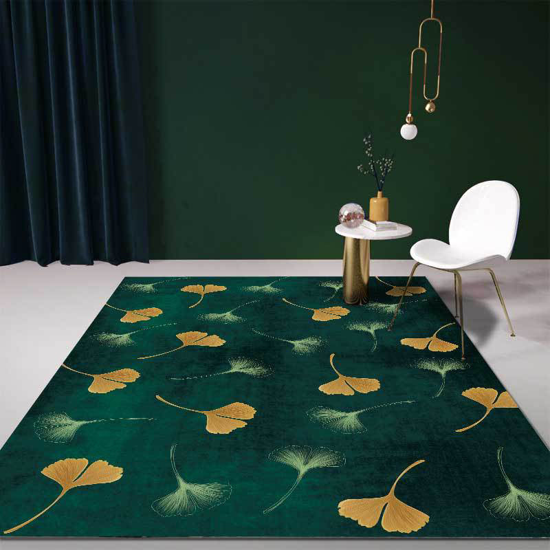 Casual apricot leaf patterned rug Green Polyester rug Machine washable Non-slip rug for the living room