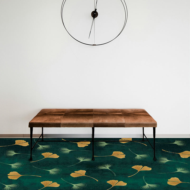 Casual apricot leaf patterned rug Green Polyester rug Machine washable Non-slip rug for the living room