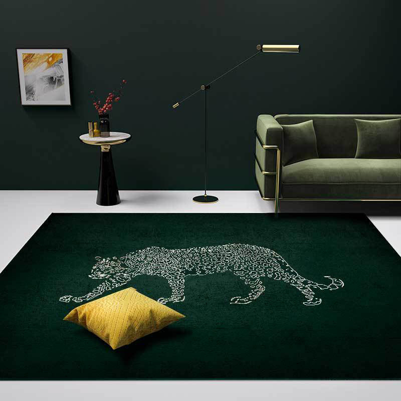 Dark green casual rug polyester leopard pattern rug washable non-slip backing rug for the living room