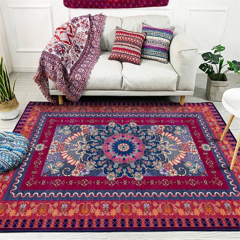Retro Medallion Pattern Rug with floral and leaf red Persian Rug Polyester machine washable non-slip rug for bedroom