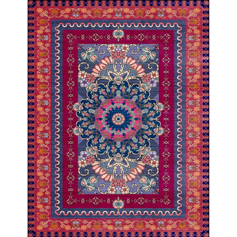 Retro Medallion Pattern Rug with floral and leaf red Persian Rug Polyester machine washable non-slip rug for bedroom