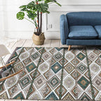 Persian Azulejos Print Rug Green Polyester Rug Machine Washable Non-Slip Rug for Living Room