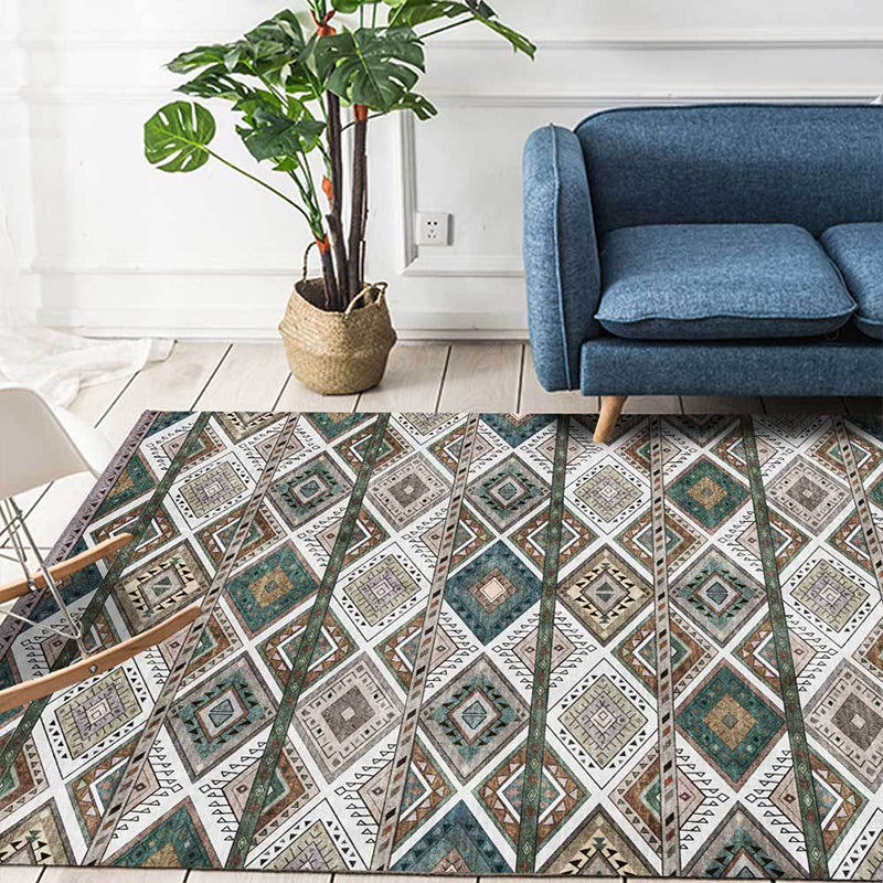 Persian Azulejos Print Rug Green Polyester Rug Machine Washable Non-Slip Rug for Living Room