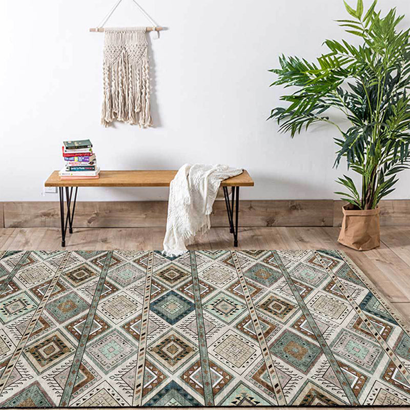 Persian Azulejos Print Rug Green Polyester Rug Machine Washable Non-Slip Rug for Living Room