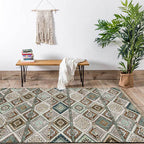 Persian Azulejos Print Rug Green Polyester Rug Machine Washable Non-Slip Rug for Living Room