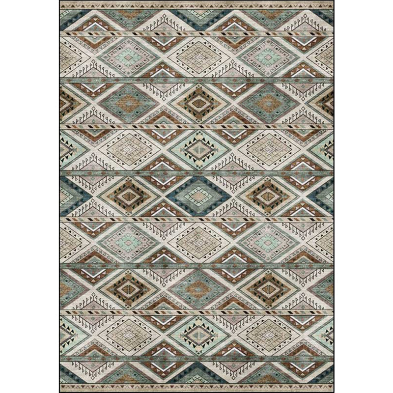Persian Azulejos Print Rug Green Polyester Rug Machine Washable Non-Slip Rug for Living Room