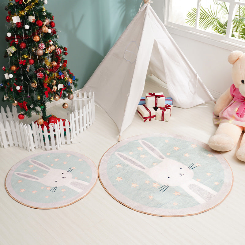 Kids Cartoon Bunny Pattern Rug Green Polyester Rug Washable Non-Slip Back Rug for Home Decor