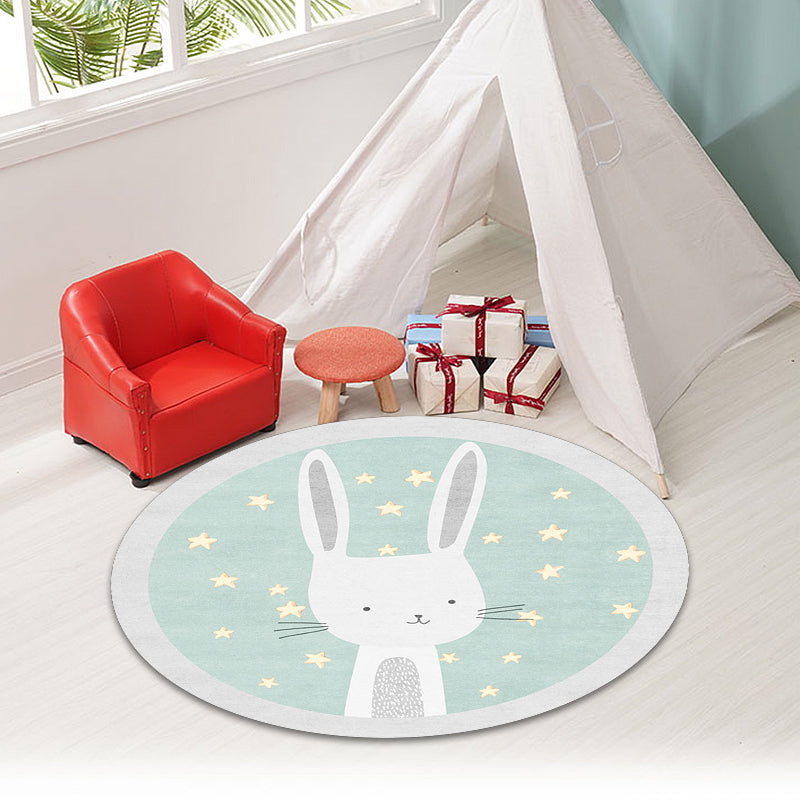 Kids Cartoon Bunny Pattern Rug Green Polyester Rug Washable Non-Slip Back Rug for Home Decor