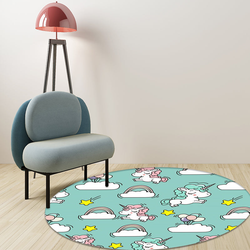 Pink and Blue Kids Mat Polyester Unicorn and Rainbow Print Mat Washable Non-slip Back Carpet for Children's Room