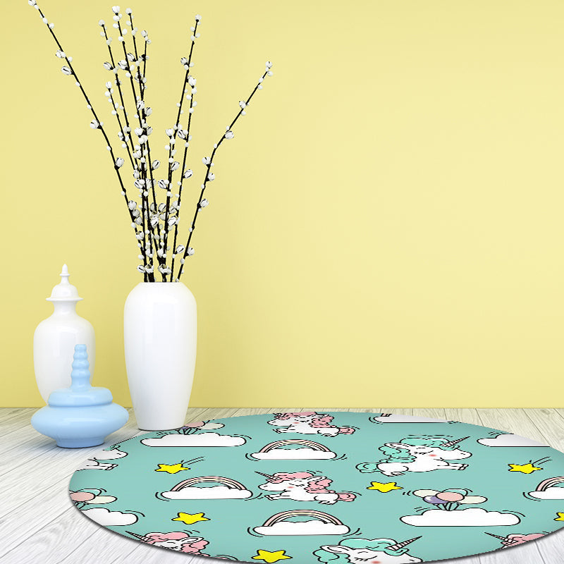Pink and Blue Kids Mat Polyester Unicorn and Rainbow Print Mat Washable Non-slip Back Carpet for Children's Room