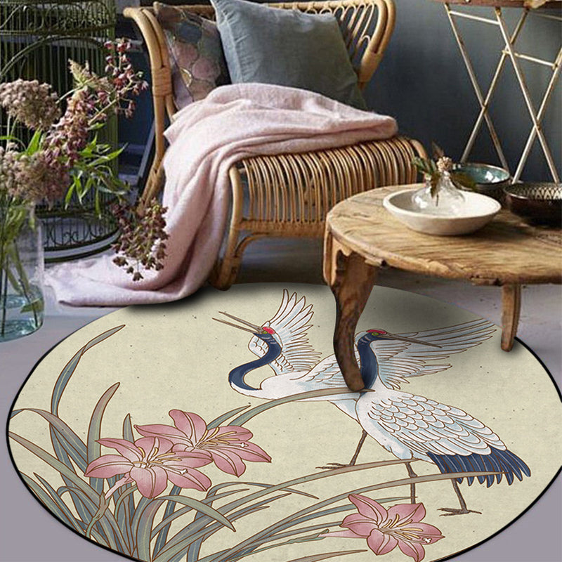 Yellow Eastern Carpet Polyester Flower and Crane Pattern Carpet Washable Non-Slip Back Mat for the Living Room