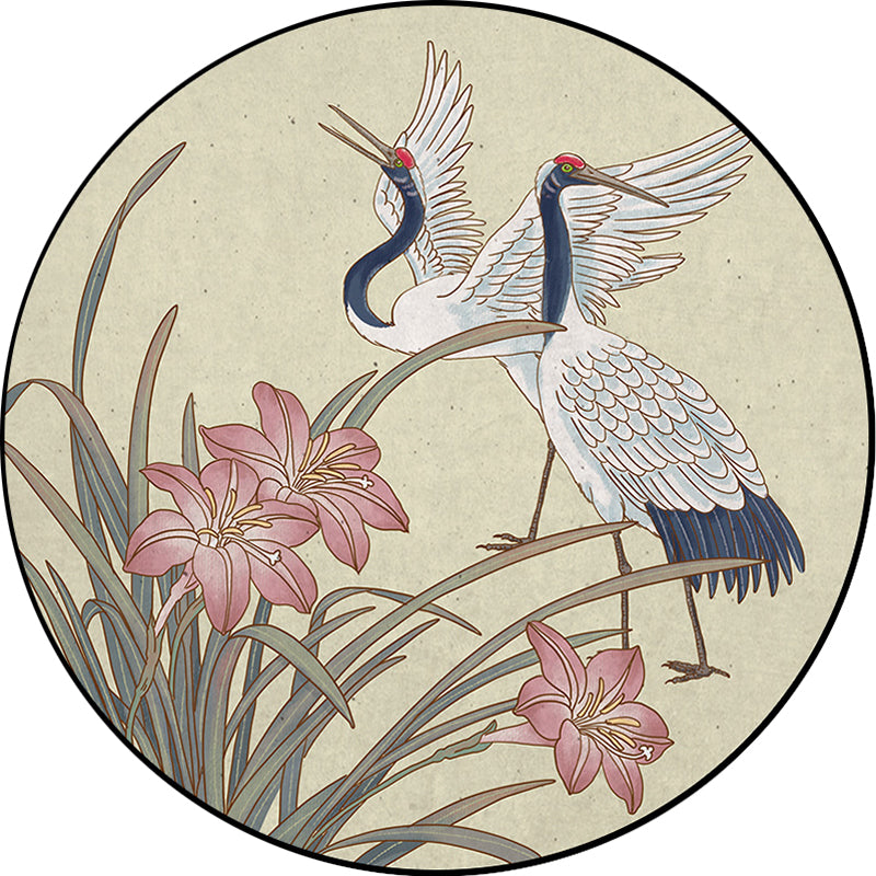 Yellow Eastern Carpet Polyester Flower and Crane Pattern Carpet Washable Non-Slip Back Mat for the Living Room