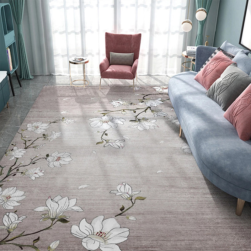 Light Red Oriental Carpet Polyester Floral Element Carpet Washable Non-Slip Back Carpet for Living Room