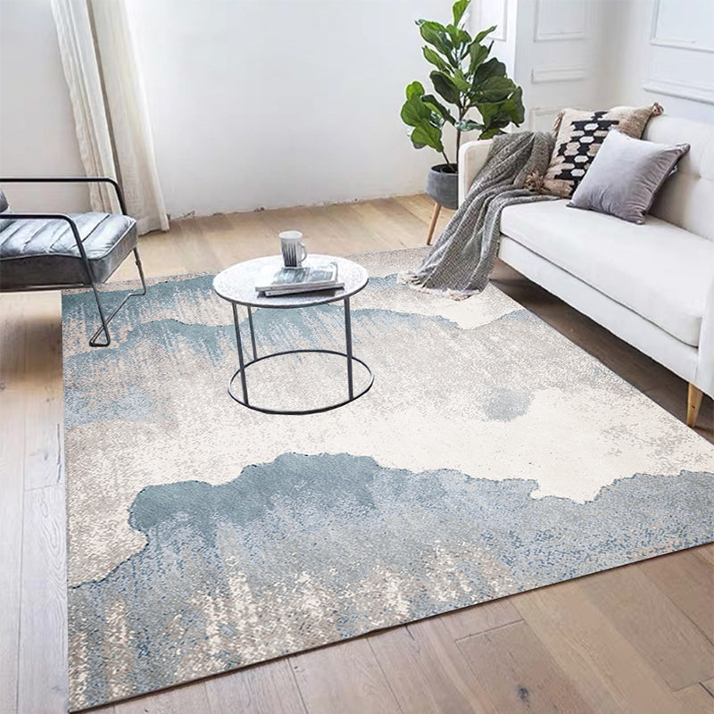 Vintage Ink Wash Painting Rug Light Blue Polyester Rug Machine Washable Non-Slip Rug for the Living Room