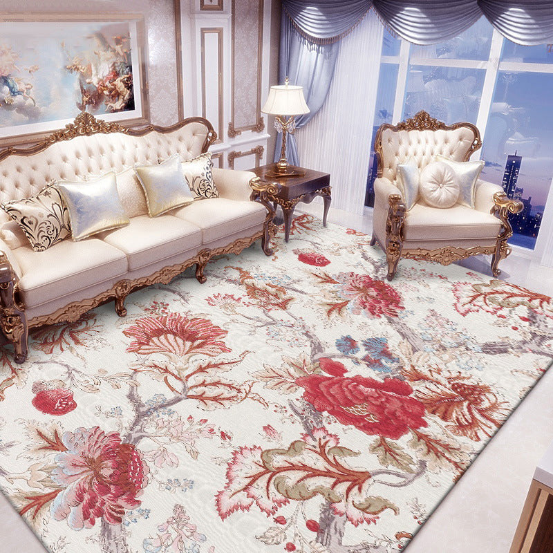 Vintage Floral Pattern Rug Red Polyester Rug Machine Washable Non-Slip Rug for the Living Room