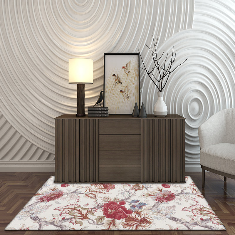 Vintage Floral Pattern Rug Red Polyester Rug Machine Washable Non-Slip Rug for the Living Room