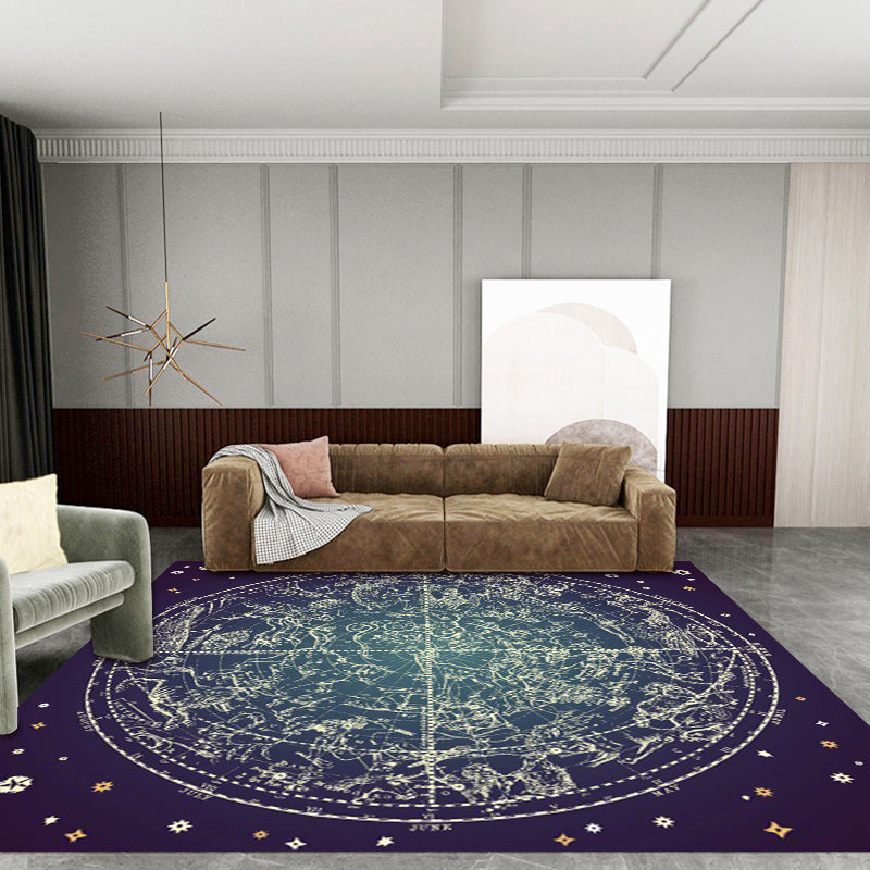 Purple Bedroom Rug Modern Space Constellation Pattern Area Rug Polyester Non-Slip Stain Resistant Rug