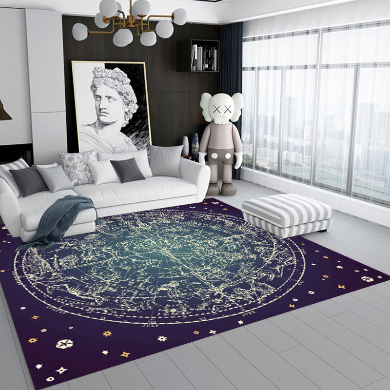 Purple Bedroom Rug Modern Space Constellation Pattern Area Rug Polyester Non-Slip Stain Resistant Rug