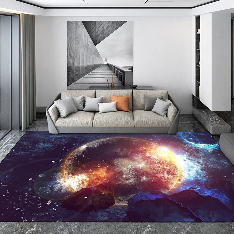 Blue Bedroom Rug Modern Space Planet Pattern Rug Polyester Stain Resistant Washable Rug