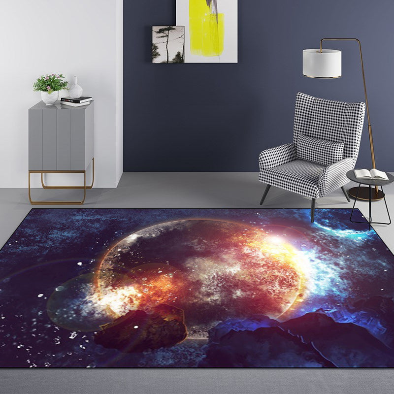 Blue Bedroom Rug Modern Space Planet Pattern Rug Polyester Stain Resistant Washable Rug