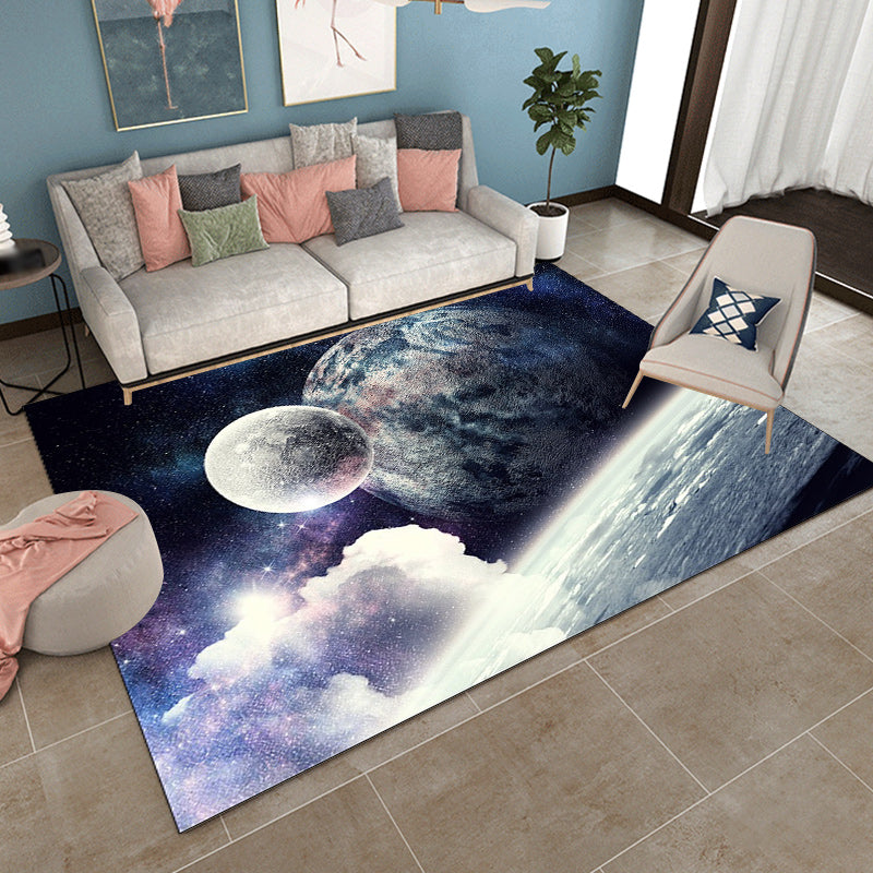 Blue and Purple Bedroom Rug Modern Space Planet Pattern Rug Polyester Washable Rug