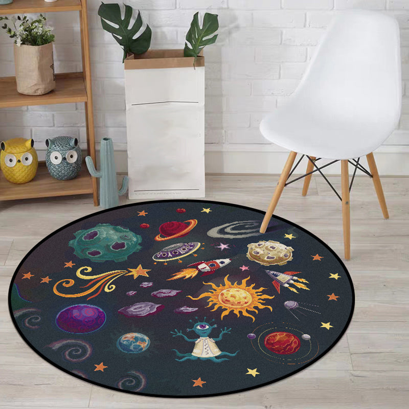Children's room carpet in black space alien planet rocket print carpet polyester machine washable area rug