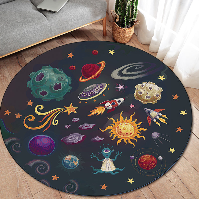 Children's room carpet in black space alien planet rocket print carpet polyester machine washable area rug