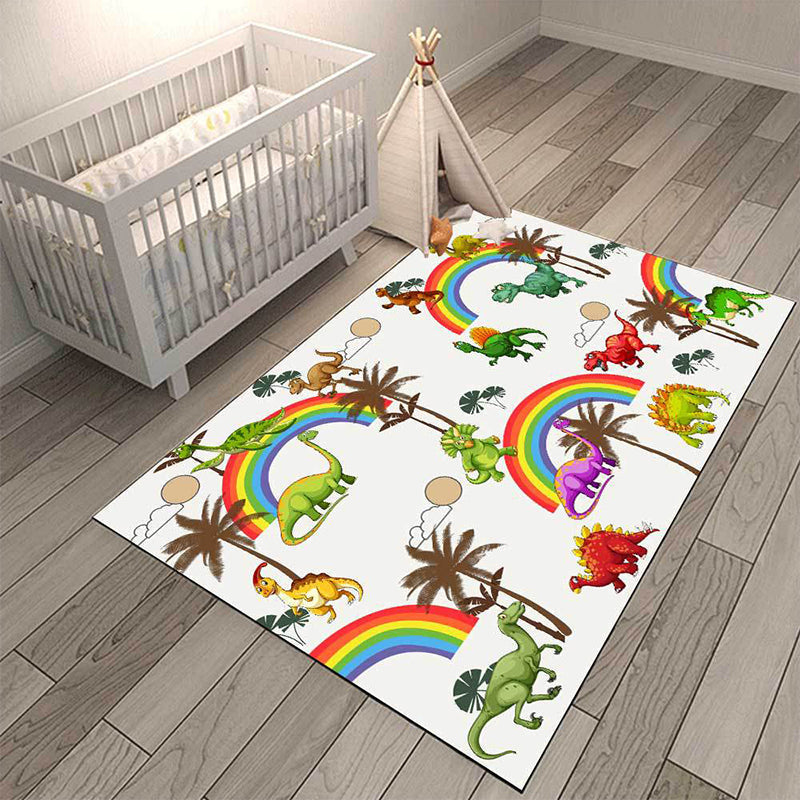 White Children's Room Rug Kids Animal Dinosaurs Rainbow Tree Pattern Area Rug Polyester Washable Pet-Friendly Carpet