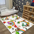 White Children's Room Rug Kids Animal Dinosaurs Rainbow Tree Pattern Area Rug Polyester Washable Pet-Friendly Carpet