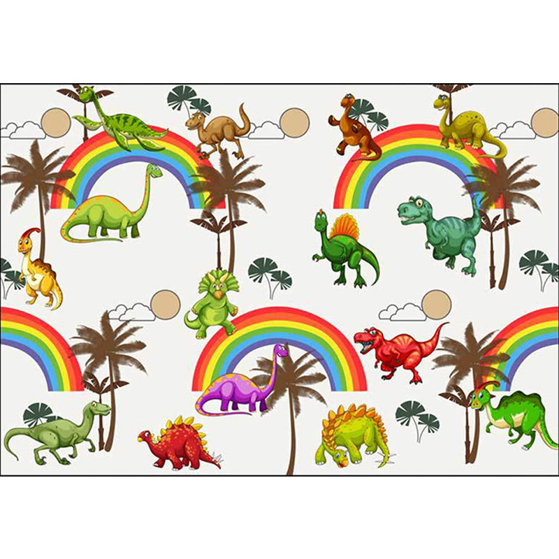 White Children's Room Rug Kids Animal Dinosaurs Rainbow Tree Pattern Area Rug Polyester Washable Pet-Friendly Carpet