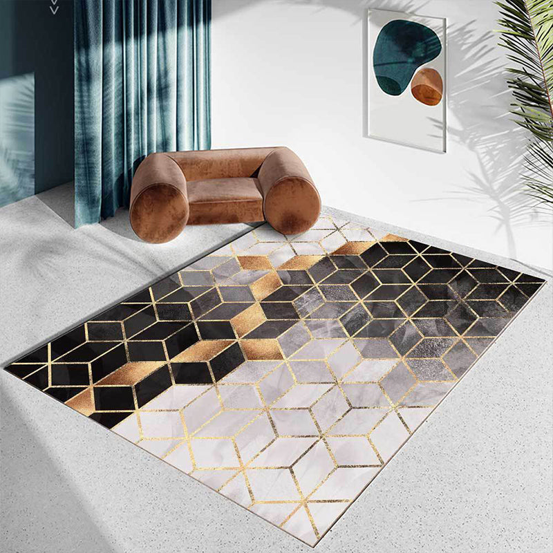 Contemporary geometric patterned carpet black and gray polyester rug machine washable non-slip rug for the living room